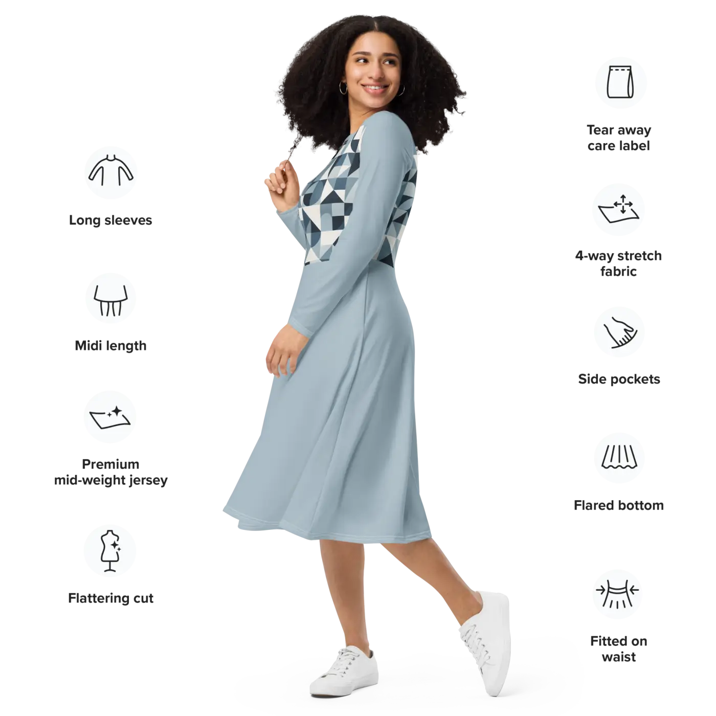 Geometric Pattern Midi Dress - Print Long Sleeve - DipaliZ