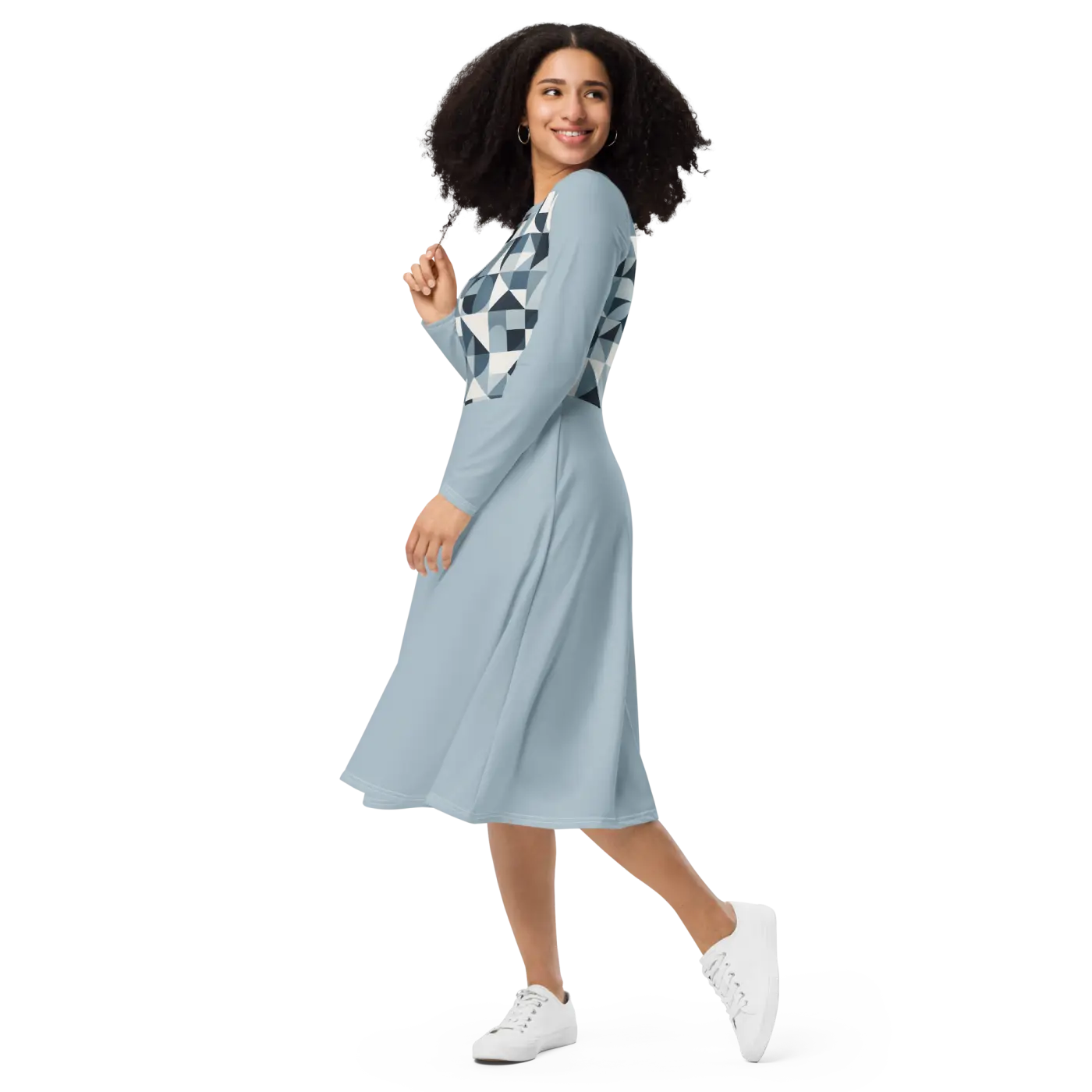 Geometric Pattern Midi Dress - Print Long Sleeve - DipaliZ