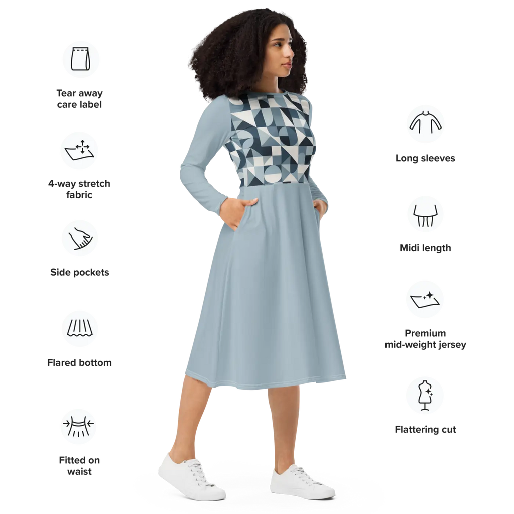 Geometric Pattern Midi Dress - Print Long Sleeve - DipaliZ