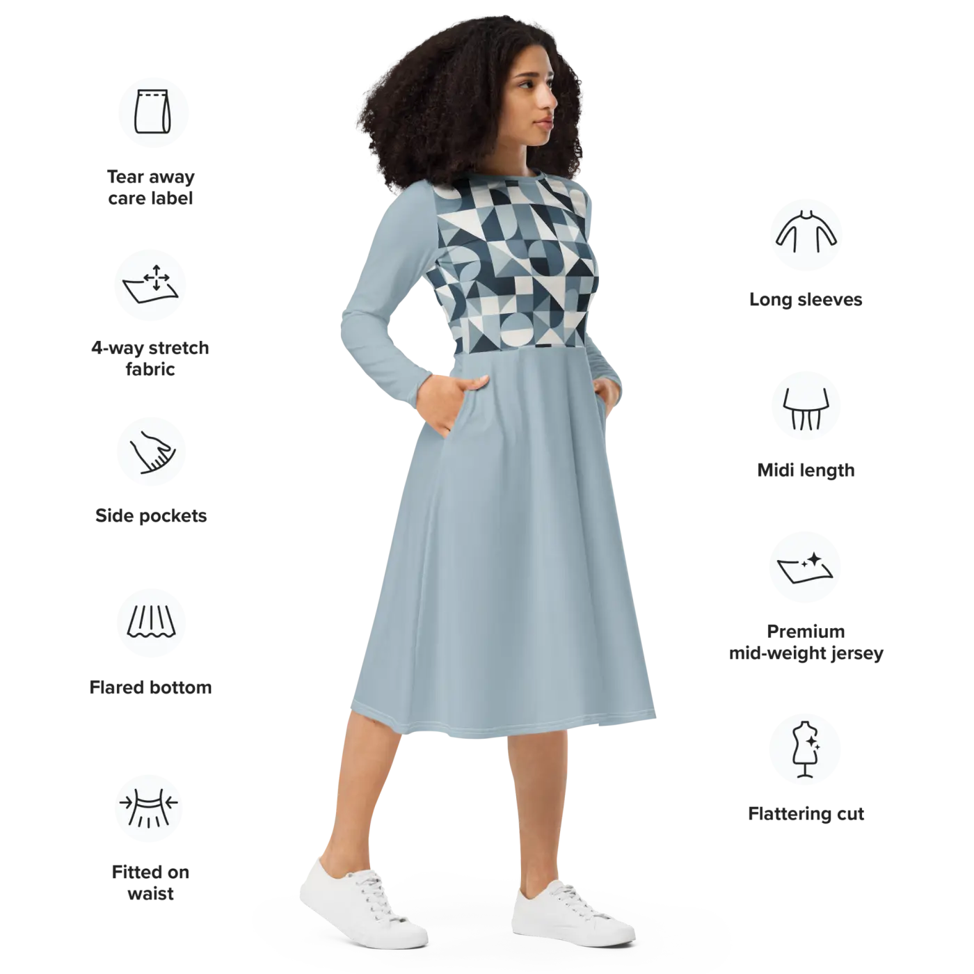 Geometric Pattern Midi Dress - Print Long Sleeve - DipaliZ