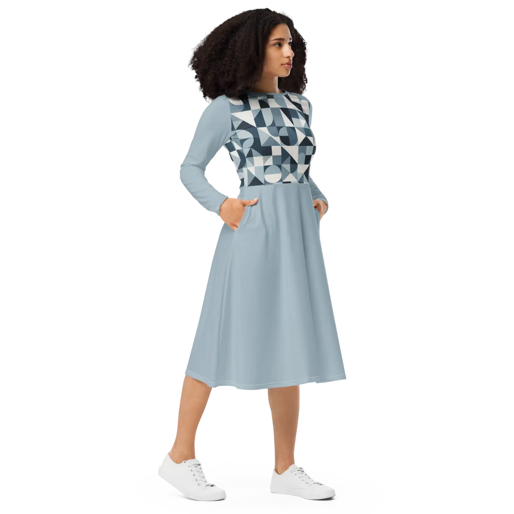 Geometric Pattern Midi Dress - Print Long Sleeve - DipaliZ