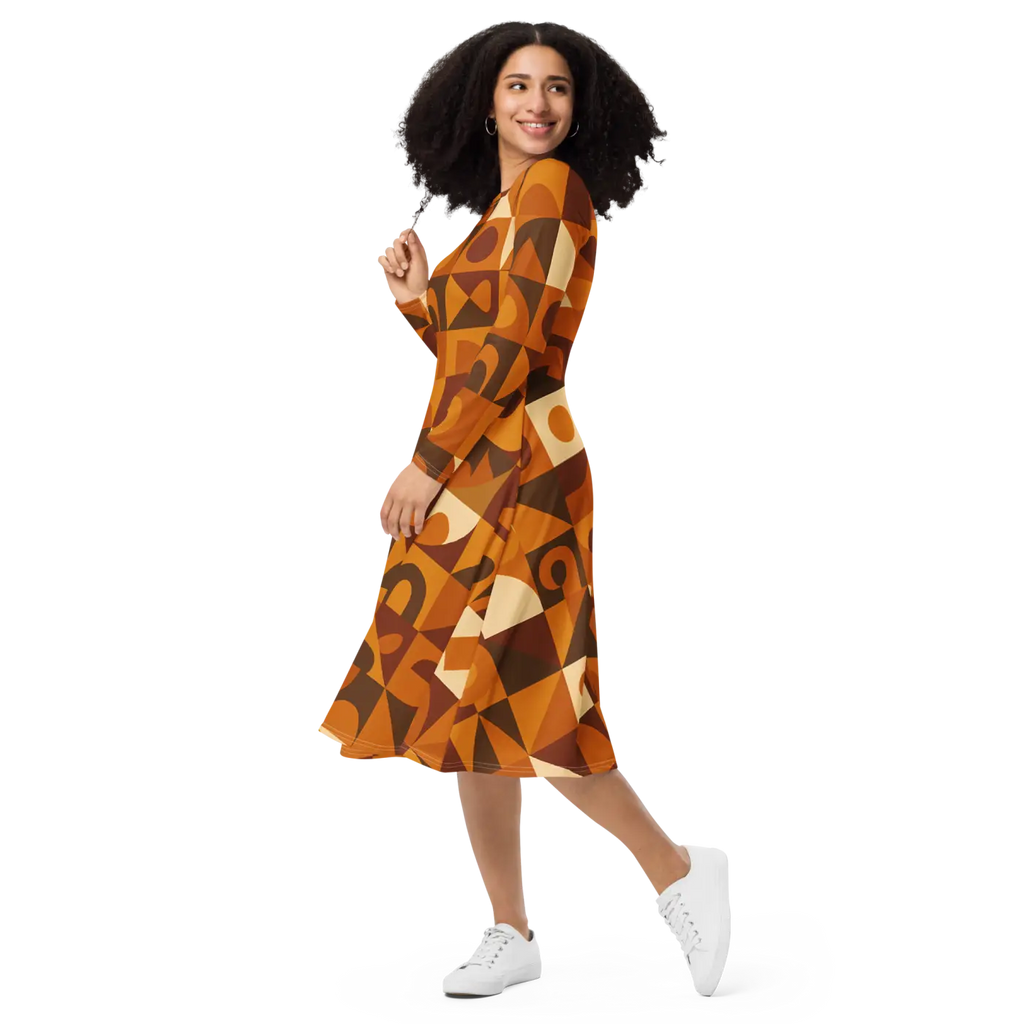 Geometric Pattern Midi Dress - Print Long Sleeve Autumn - DipaliZ