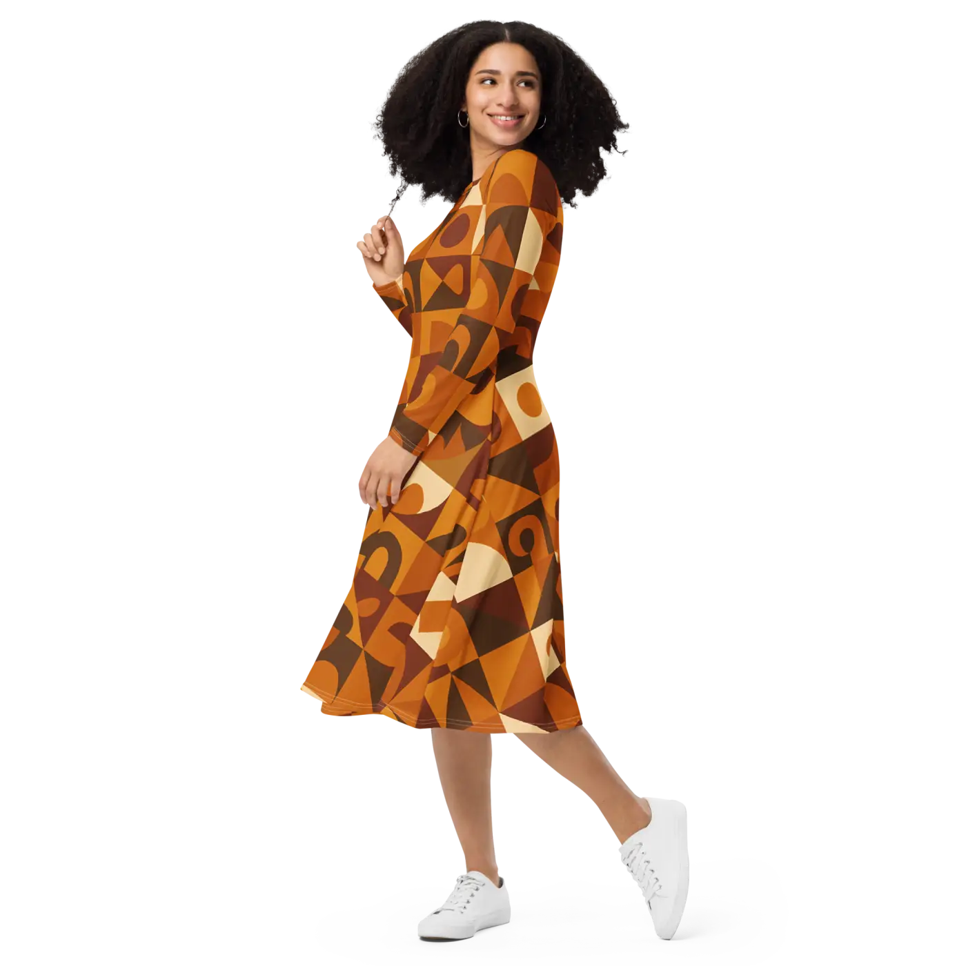 Geometric Pattern Midi Dress - Print Long Sleeve Autumn - DipaliZ