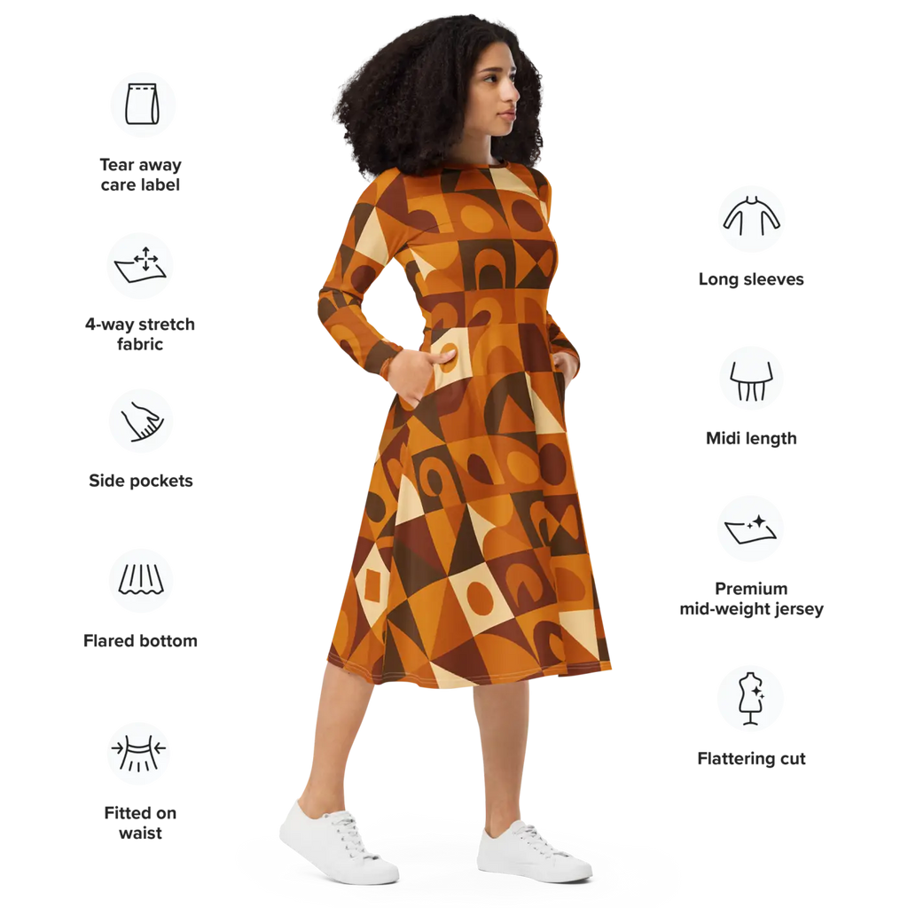 Geometric Pattern Midi Dress - Print Long Sleeve Autumn - DipaliZ