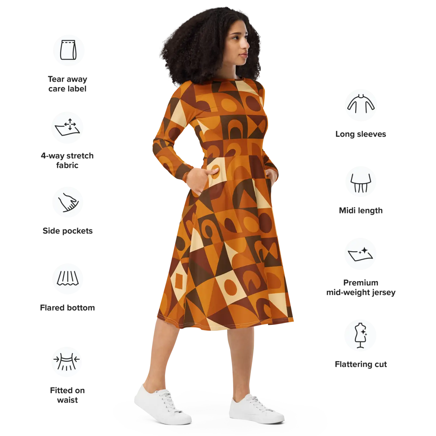 Geometric Pattern Midi Dress - Print Long Sleeve Autumn - DipaliZ