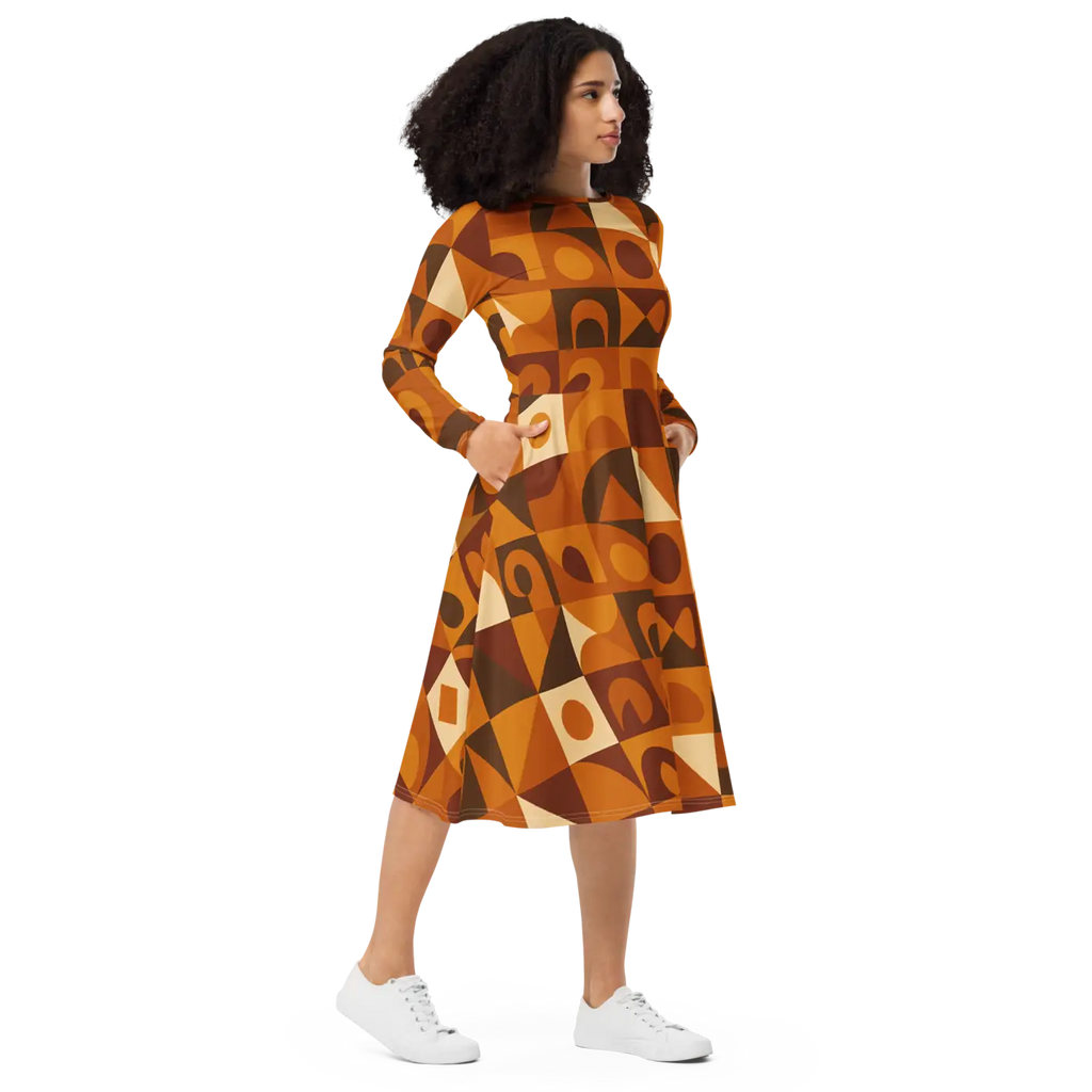Geometric Pattern Midi Dress - Print Long Sleeve Autumn - DipaliZ