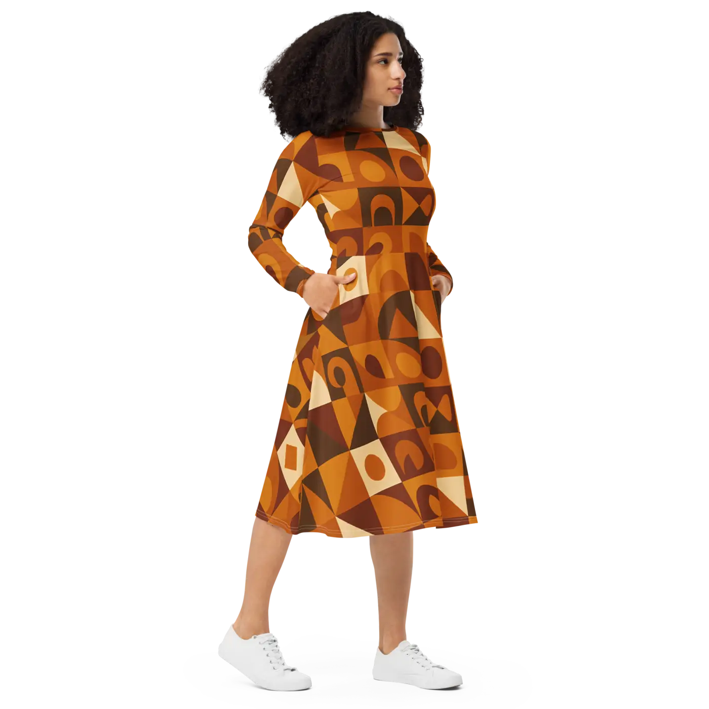 Geometric Pattern Midi Dress - Print Long Sleeve Autumn - DipaliZ