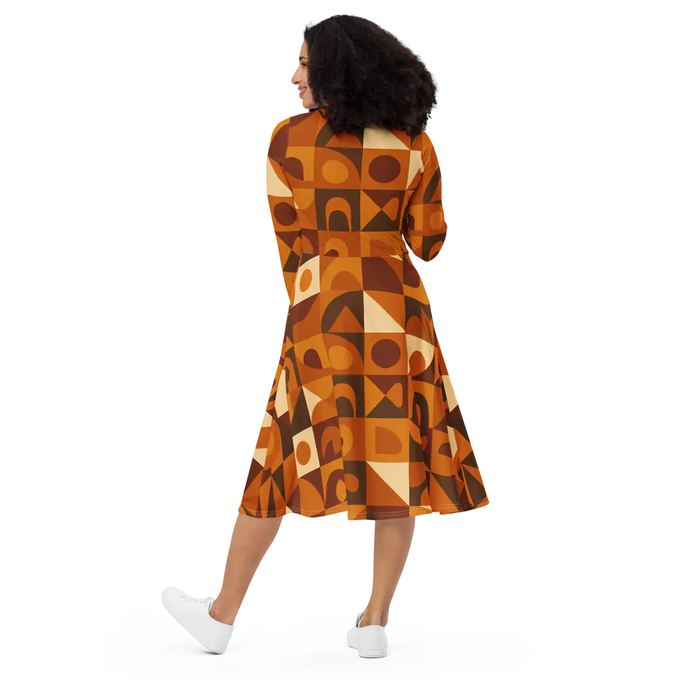 Geometric Pattern Midi Dress - Print Long Sleeve Autumn - DipaliZ