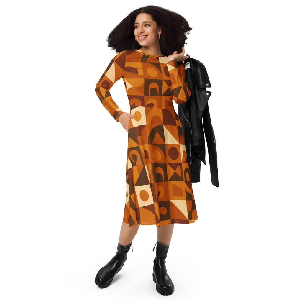 Geometric Pattern Midi Dress - Print Long Sleeve Autumn - DipaliZ