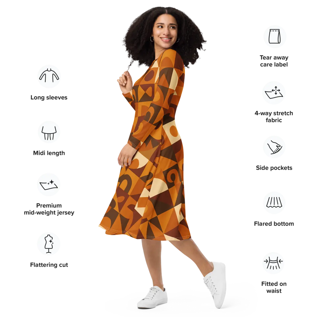 Geometric Pattern Midi Dress - Print Long Sleeve Autumn - DipaliZ