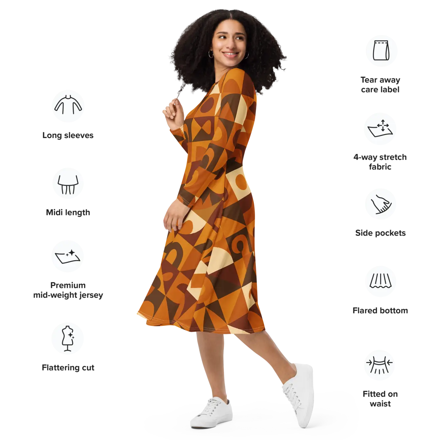 Geometric Pattern Midi Dress - Print Long Sleeve Autumn - DipaliZ