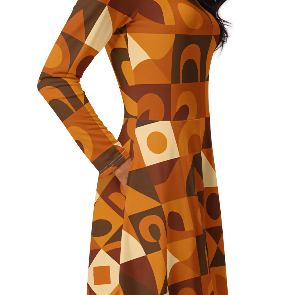 Geometric Pattern Midi Dress - Print Long Sleeve Autumn - DipaliZ