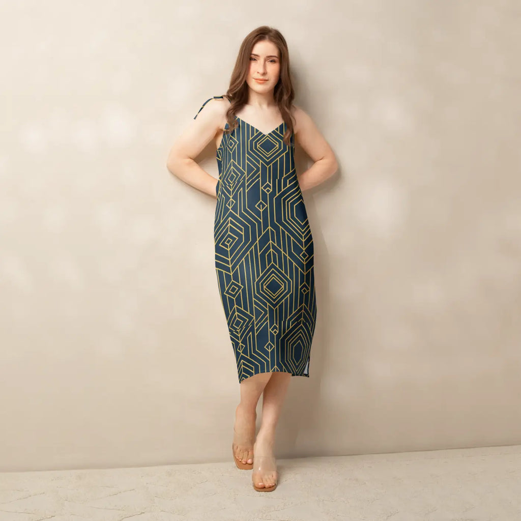 Geometric Pattern Midi Dress - Dark Background Style - DipaliZ