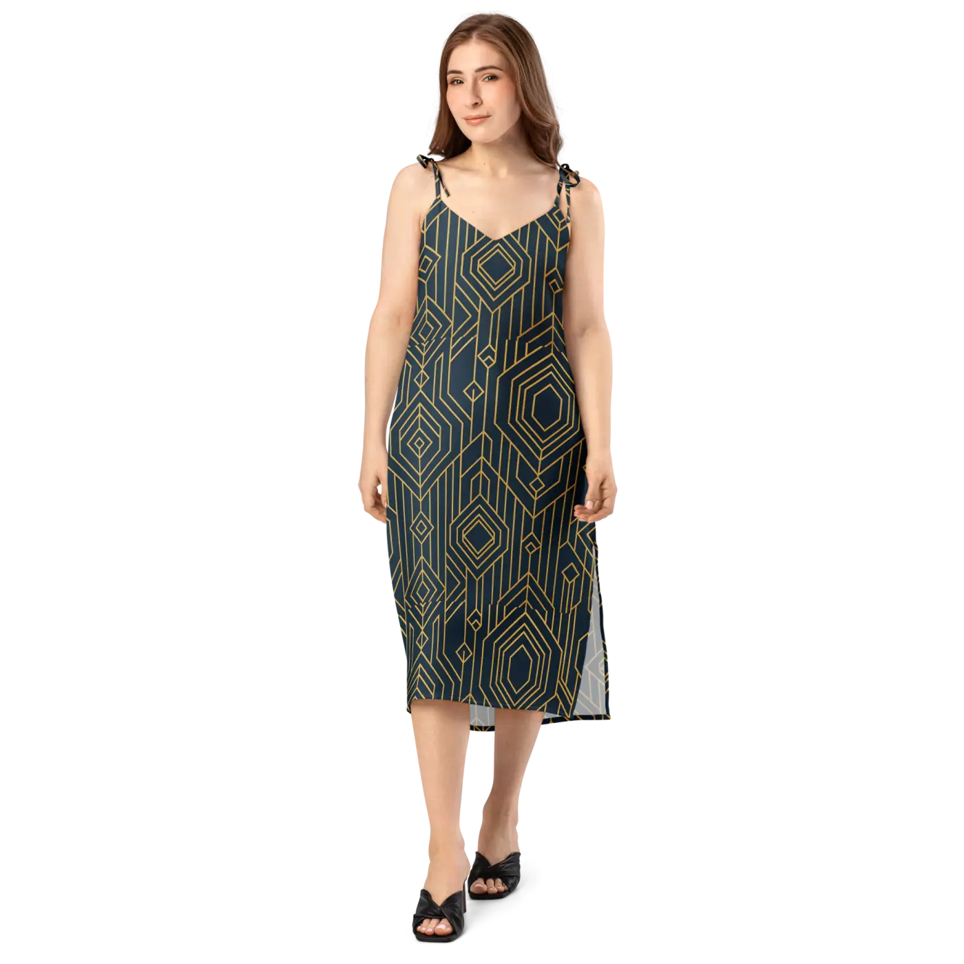 Geometric Pattern Midi Dress - Dark Background Style - DipaliZ