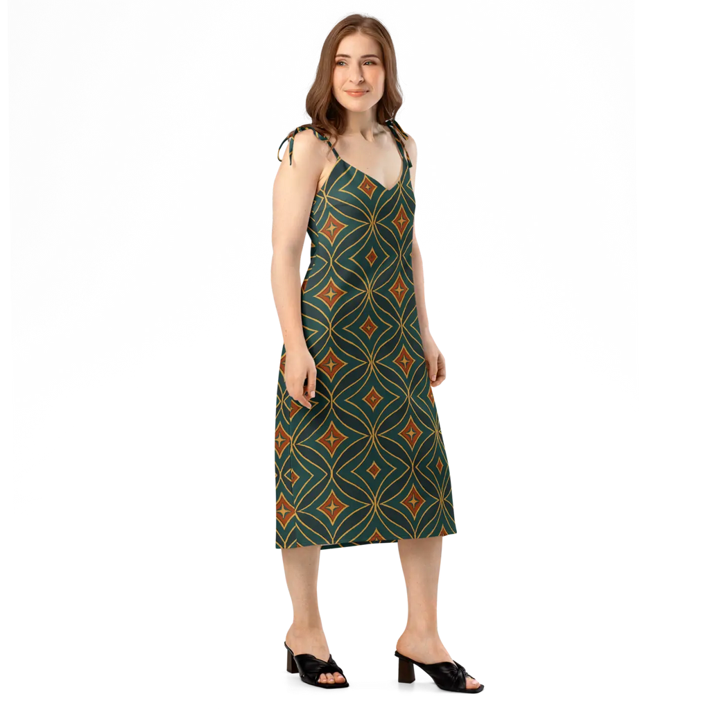 Emerald Green Midi Dress - Geometric Pattern Built-In Bra - DipaliZ