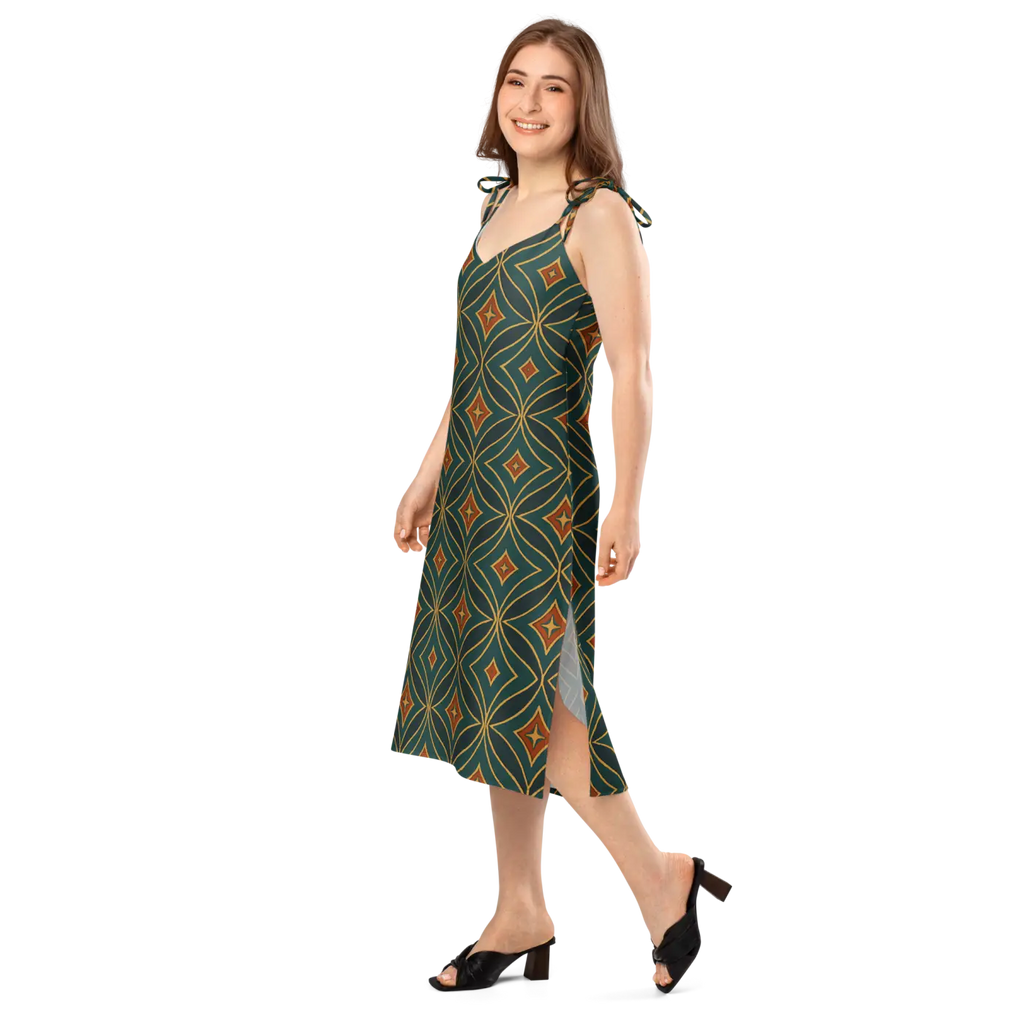 Emerald Green Midi Dress - Geometric Pattern Built-In Bra - DipaliZ