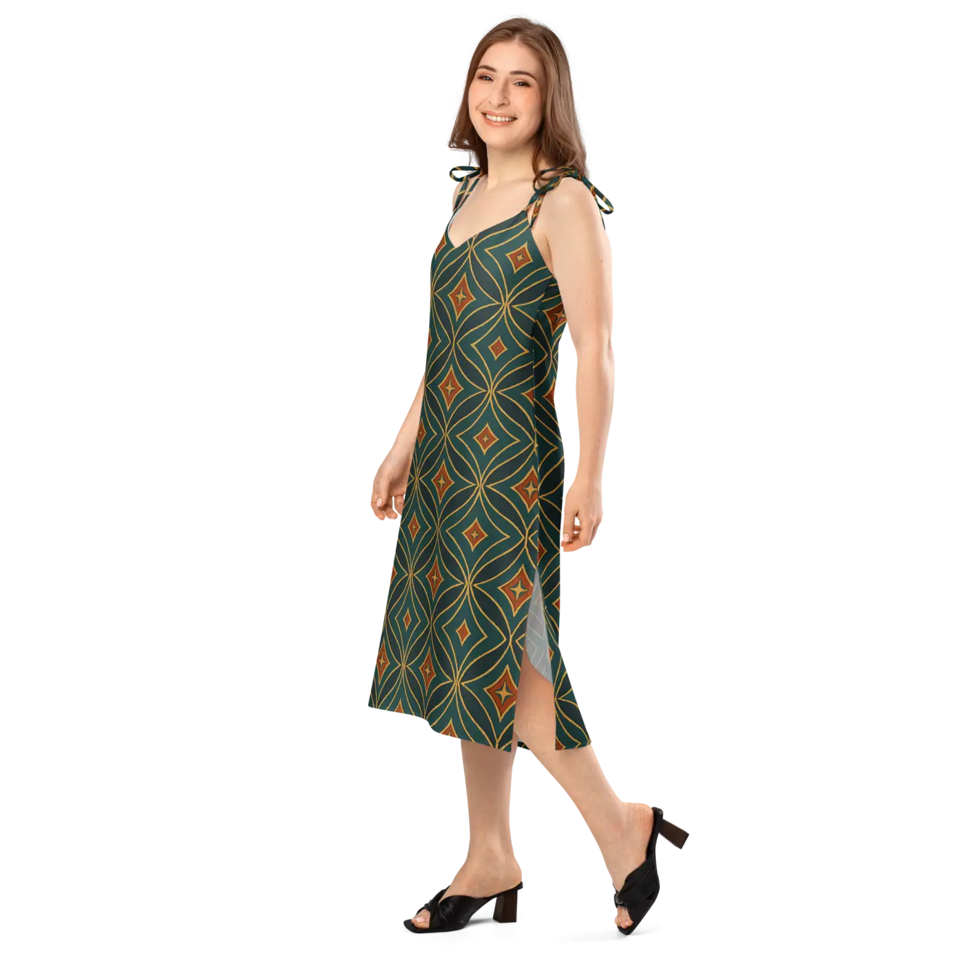 Emerald Green Midi Dress - Geometric Pattern Built-In Bra - DipaliZ