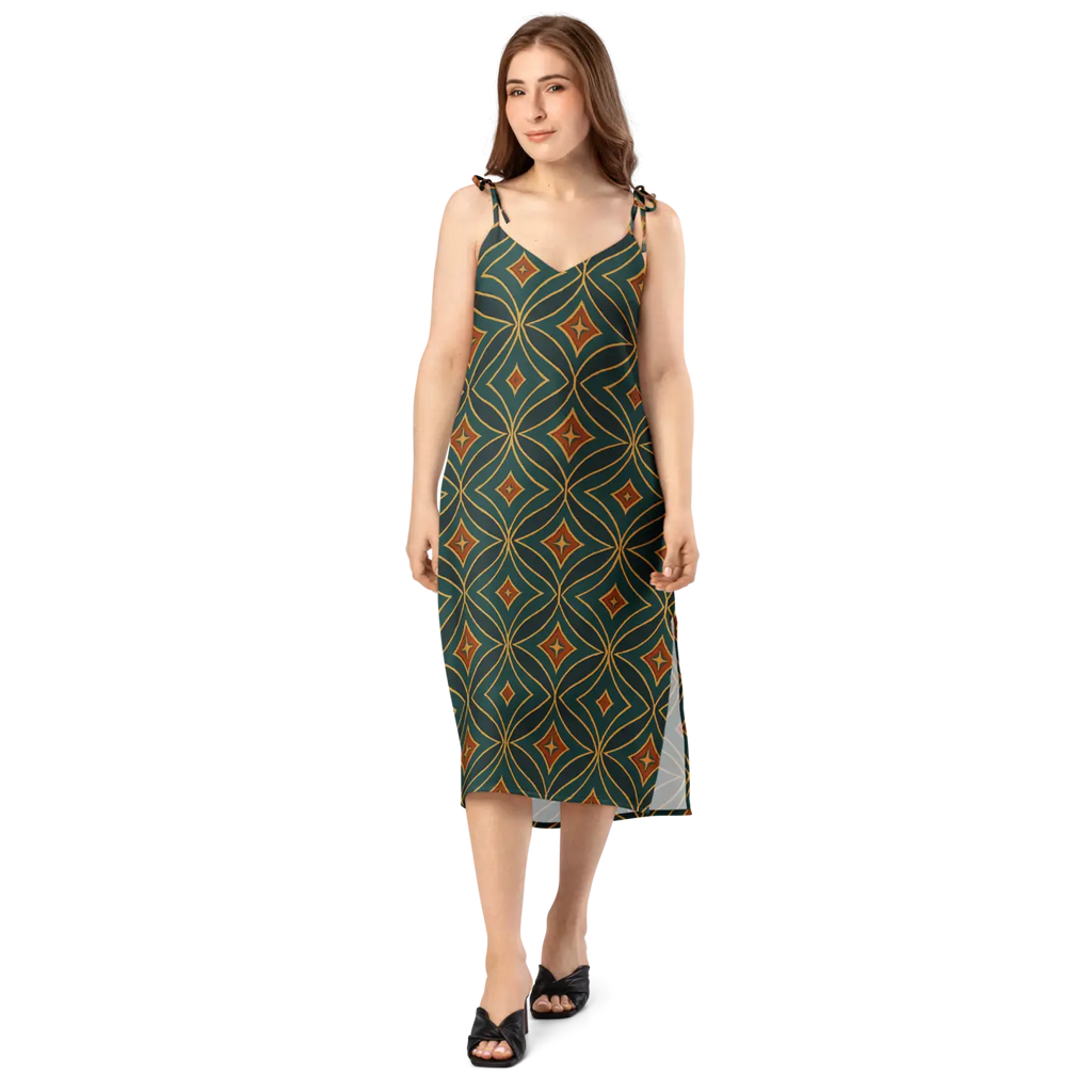 Emerald Green Midi Dress - Geometric Pattern Built-In Bra - DipaliZ