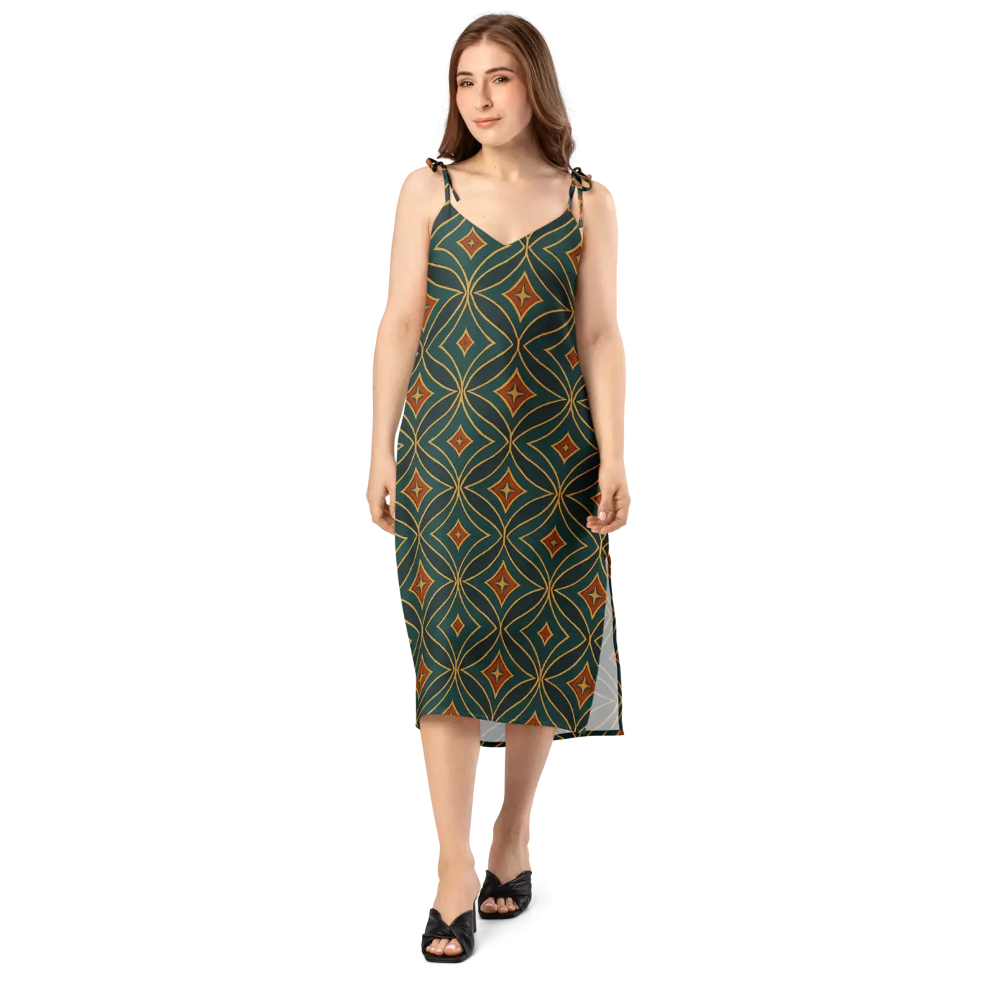 Emerald Green Midi Dress - Geometric Pattern Built-In Bra - DipaliZ