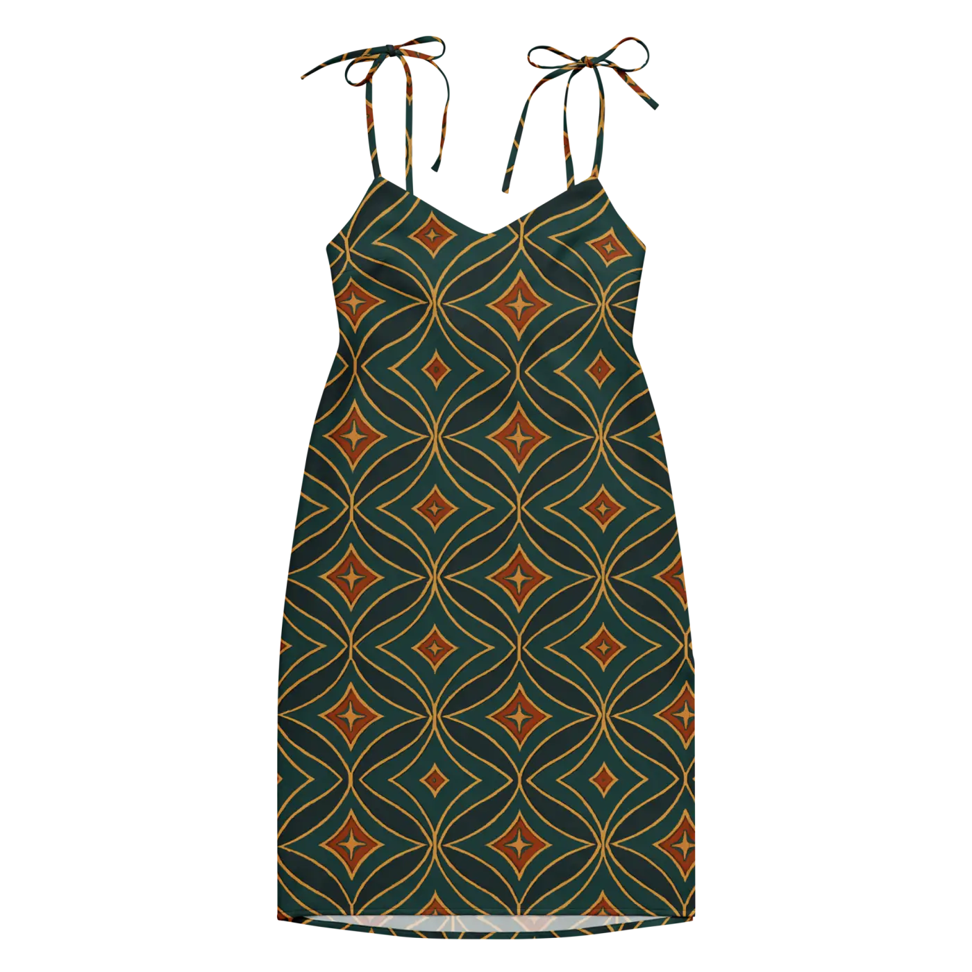 Emerald Green Midi Dress - Geometric Pattern Built-In Bra - DipaliZ