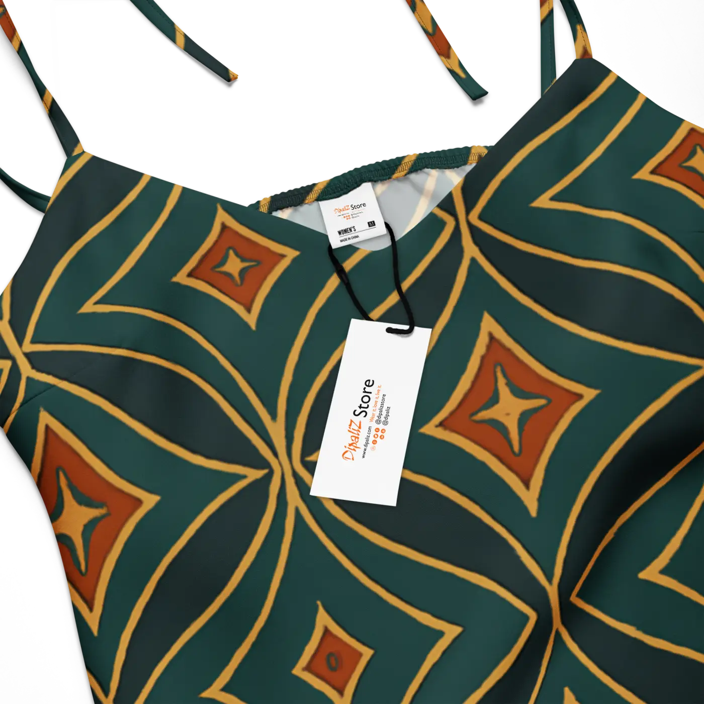 Emerald Green Midi Dress - Geometric Pattern Built-In Bra - DipaliZ
