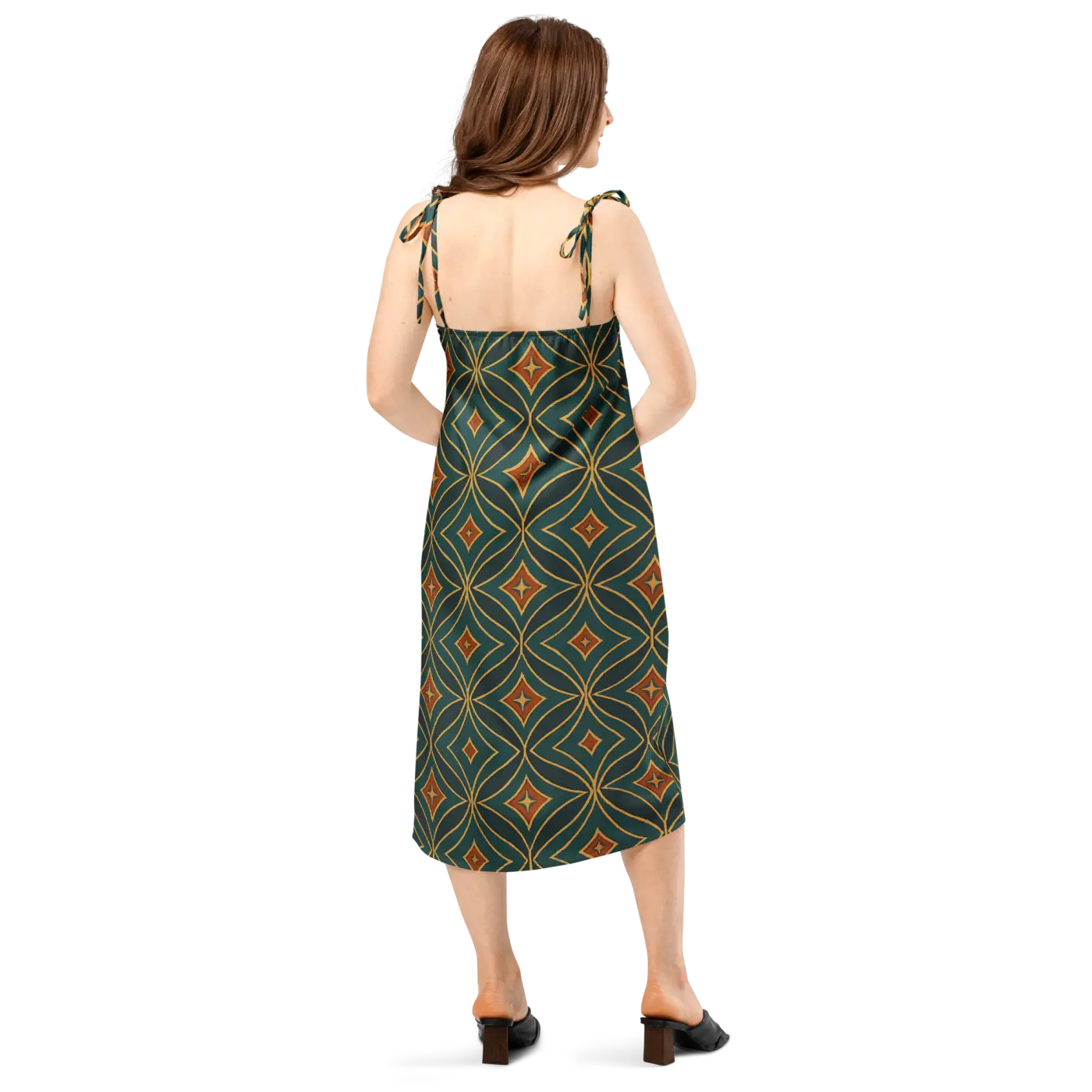 Emerald Green Midi Dress - Geometric Pattern Built-In Bra - DipaliZ