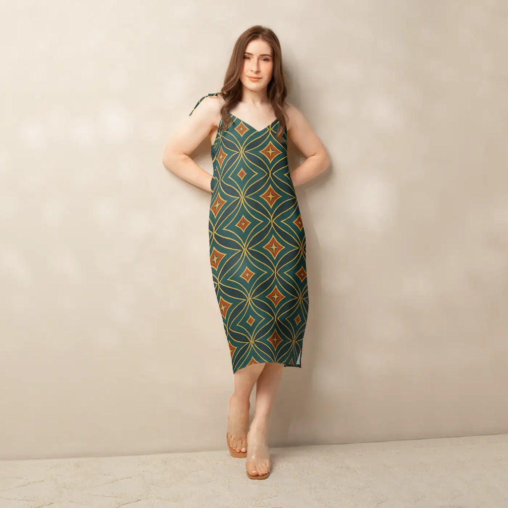 Emerald Green Midi Dress - Geometric Pattern Built-In Bra - DipaliZ