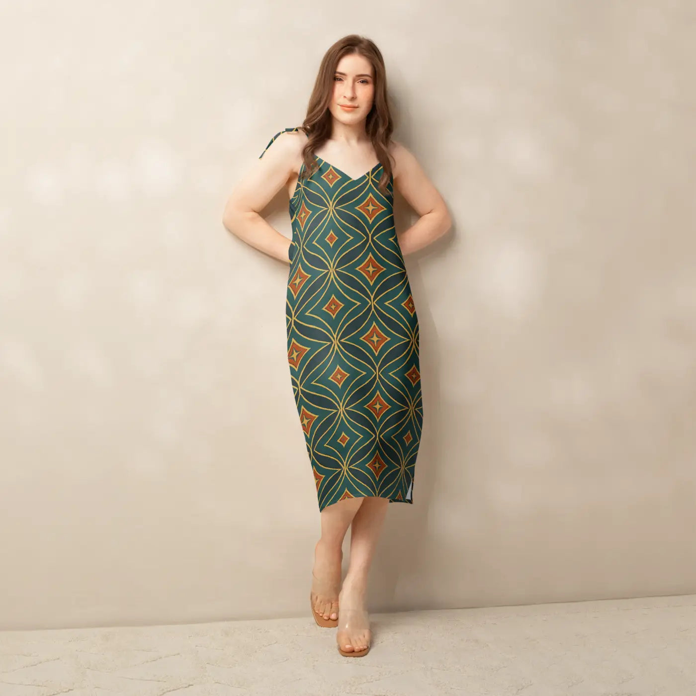 Emerald Green Midi Dress - Geometric Pattern Built-In Bra - DipaliZ