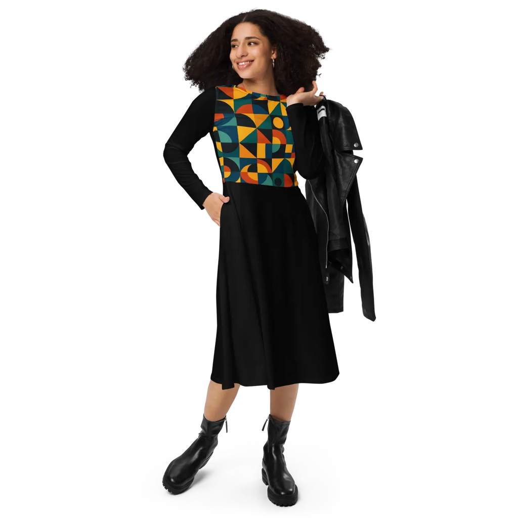 Geometric Print Long Sleeve Midi Dress - Runway Ready - DipaliZ