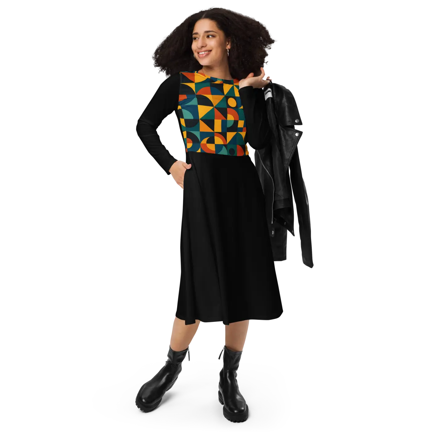 Geometric Print Long Sleeve Midi Dress - Runway Ready - DipaliZ