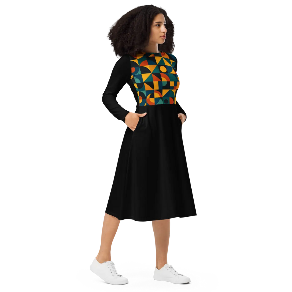 Geometric Print Long Sleeve Midi Dress - Runway Ready - DipaliZ