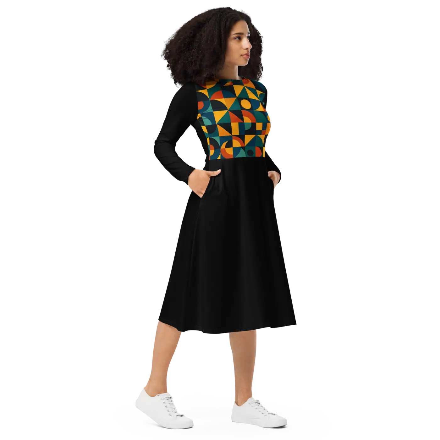 Geometric Print Long Sleeve Midi Dress - Runway Ready - DipaliZ