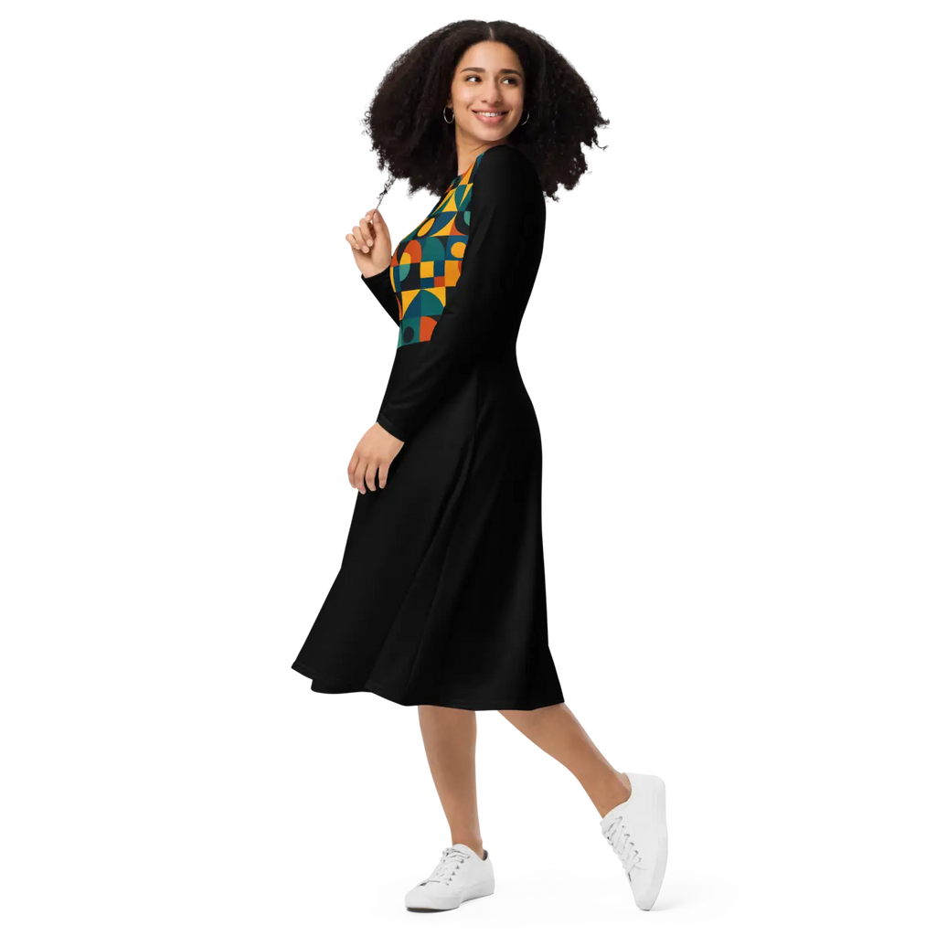 Geometric Print Long Sleeve Midi Dress - Runway Ready - DipaliZ