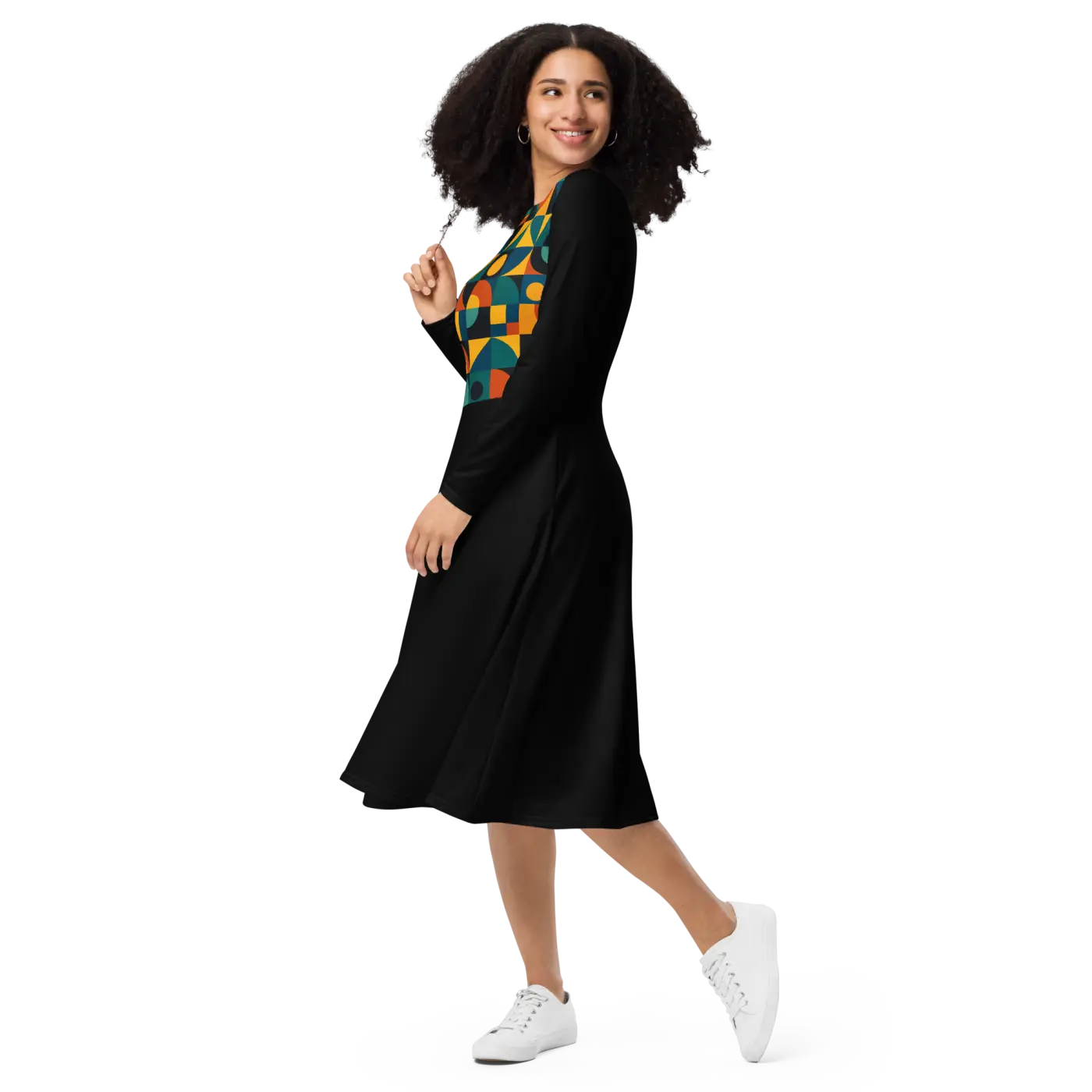 Geometric Print Long Sleeve Midi Dress - Runway Ready - DipaliZ