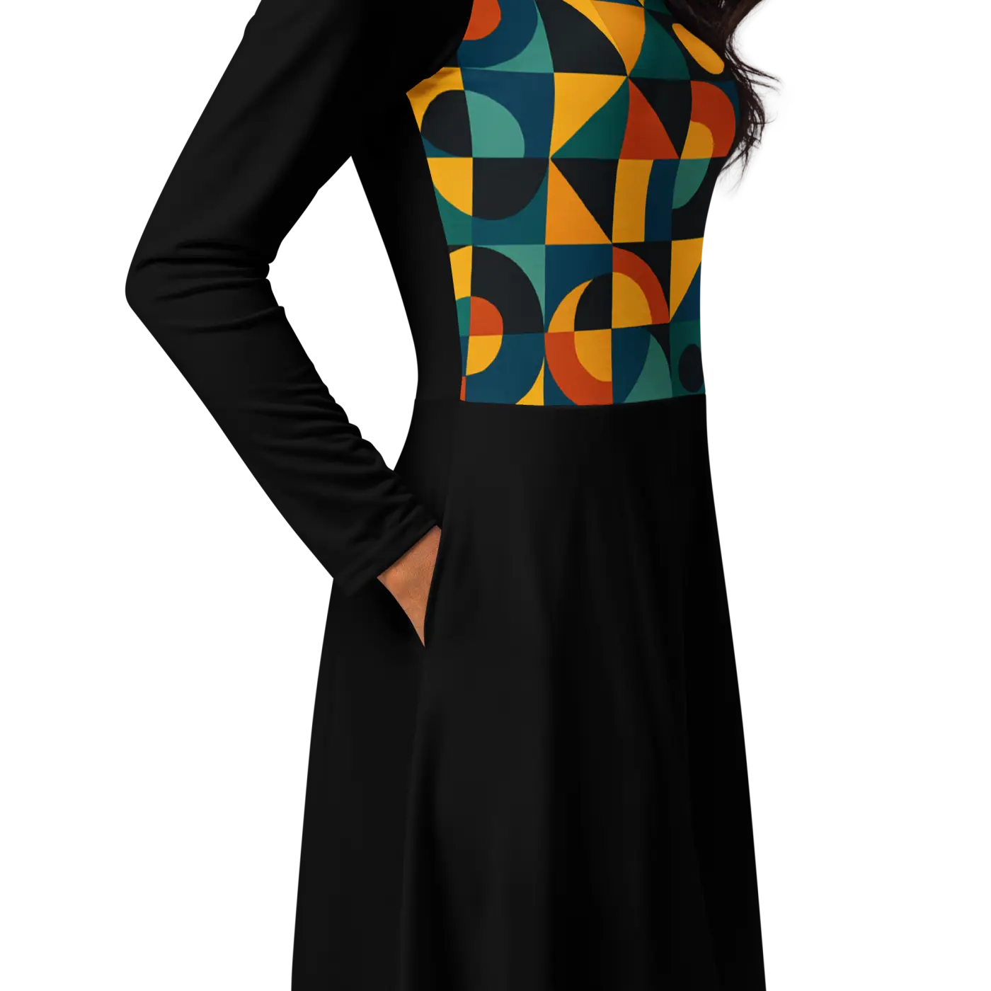Geometric Print Long Sleeve Midi Dress - Runway Ready - DipaliZ