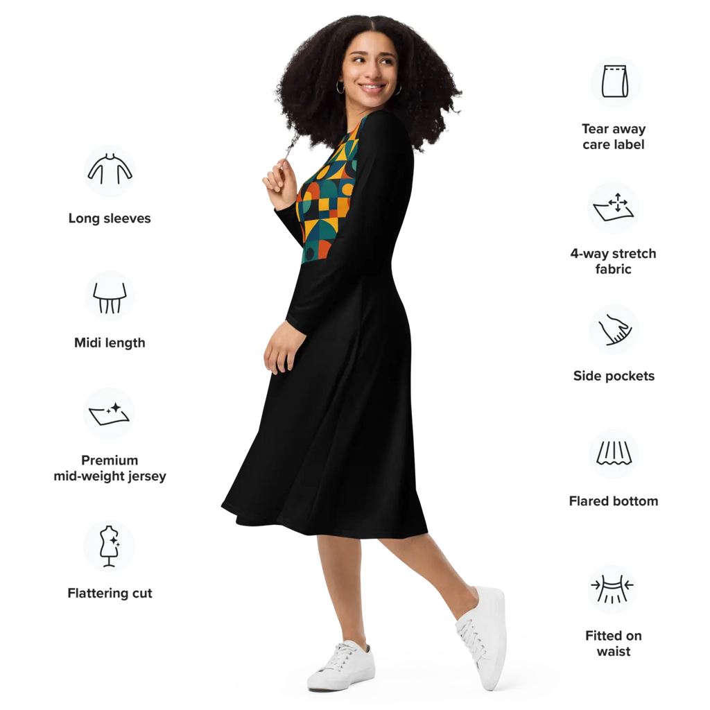 Geometric Print Long Sleeve Midi Dress - Runway Ready - DipaliZ