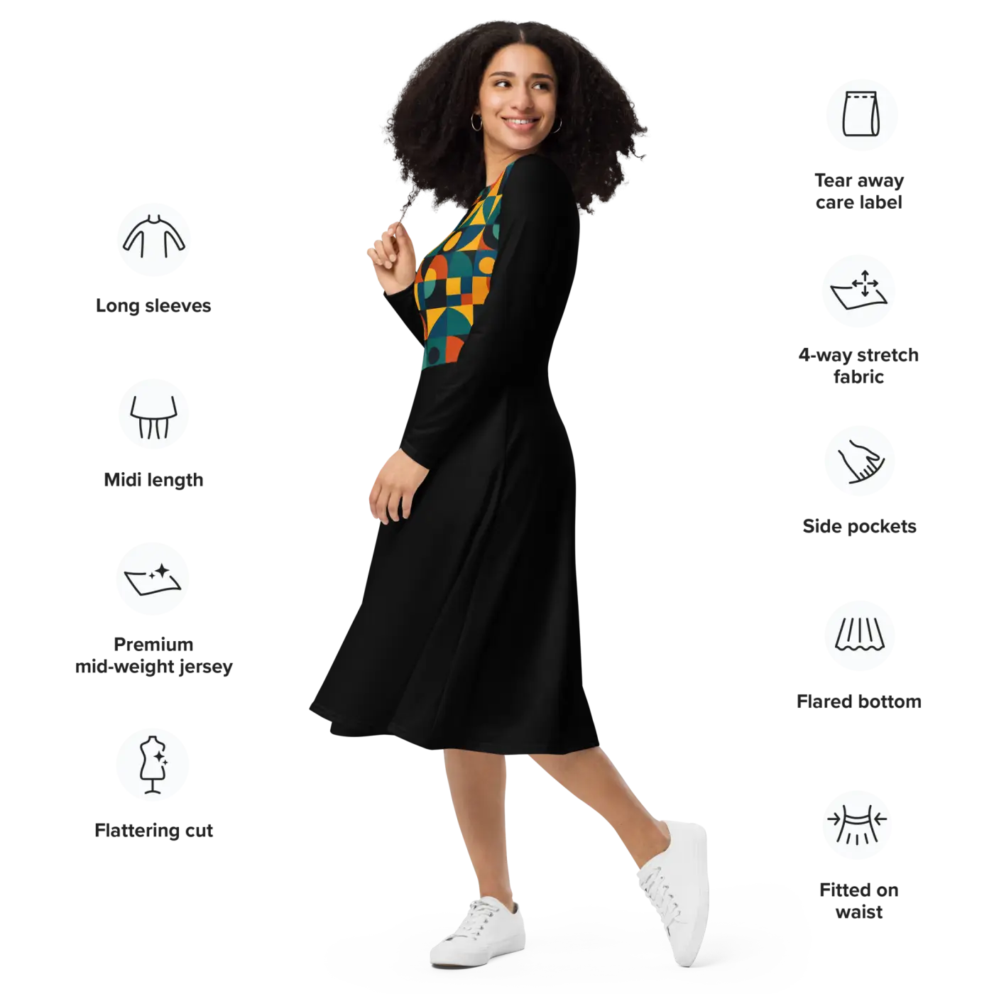 Geometric Print Long Sleeve Midi Dress - Runway Ready - DipaliZ