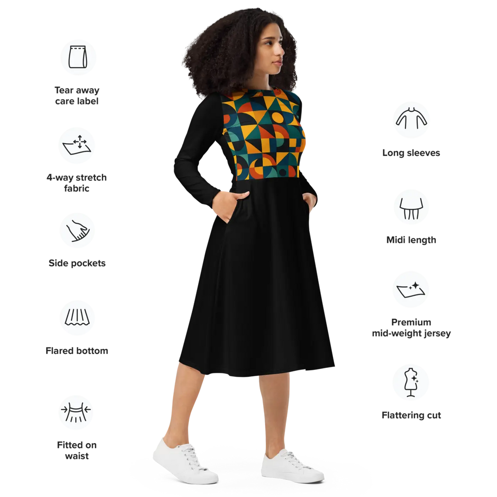 Geometric Print Long Sleeve Midi Dress - Runway Ready - DipaliZ