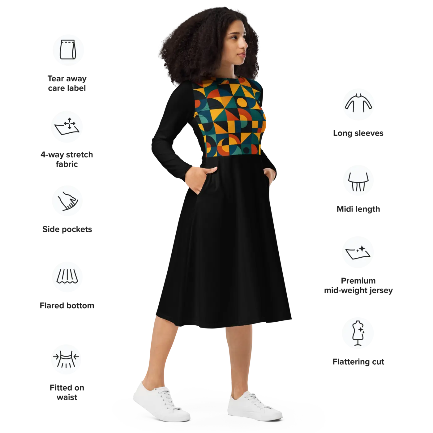 Geometric Print Long Sleeve Midi Dress - Runway Ready - DipaliZ