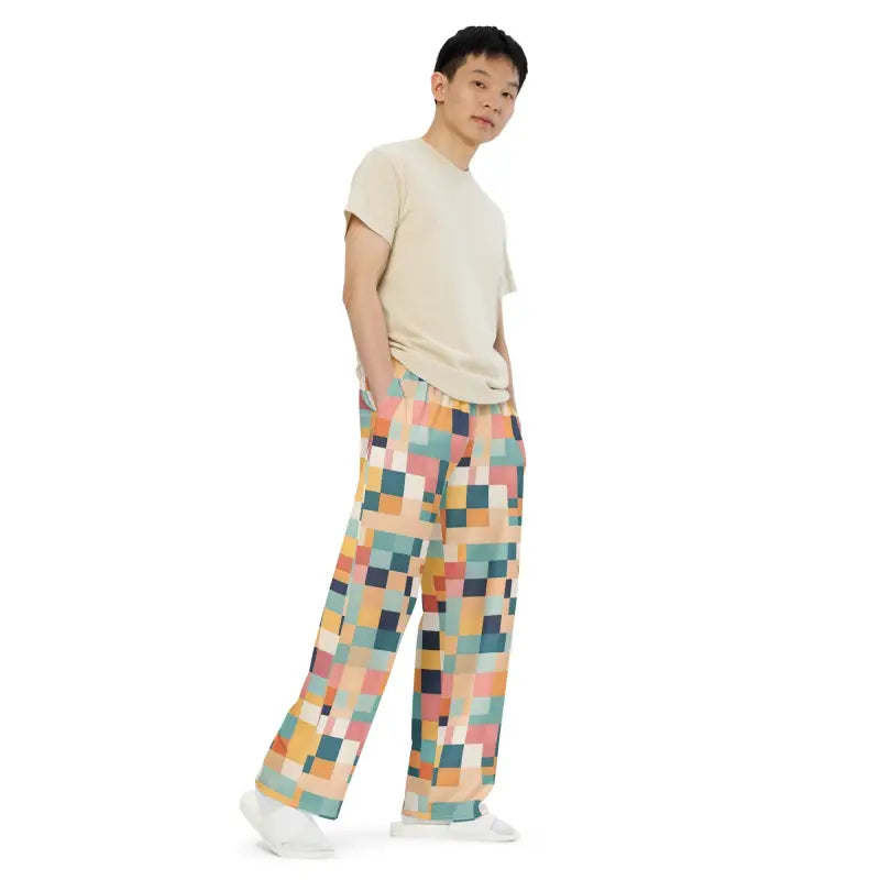Unisex Wide Leg Lounge Pants - Retro Geometric Pattern - DipaliZ