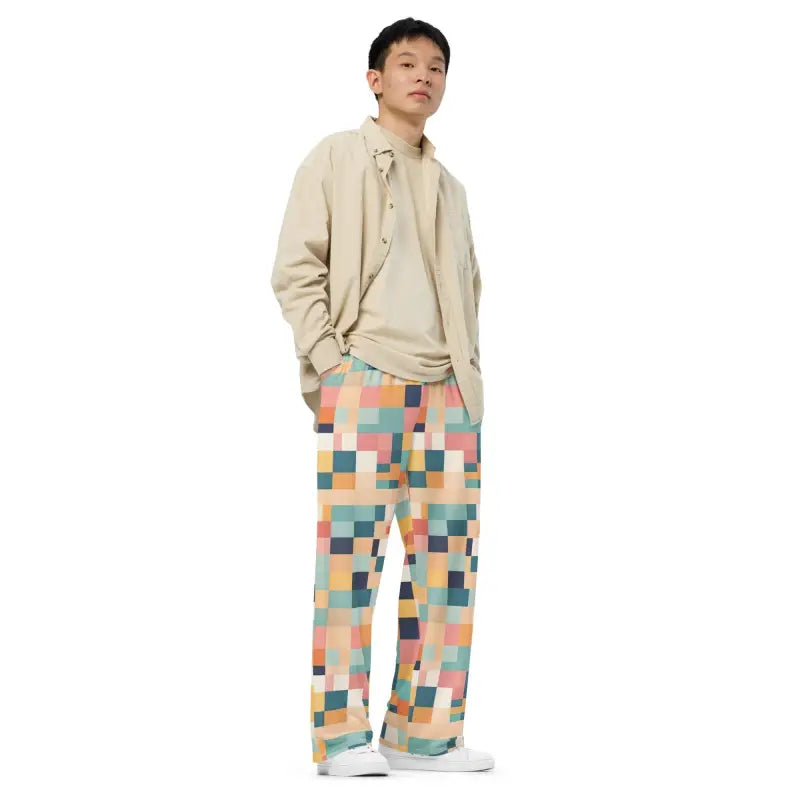 Unisex Wide Leg Lounge Pants - Retro Geometric Pattern - DipaliZ