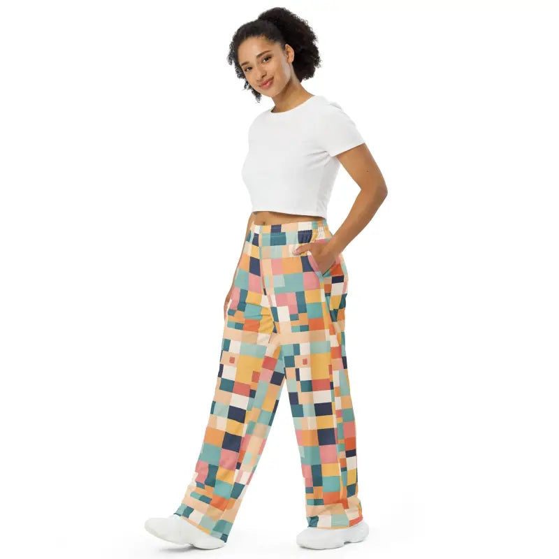 Unisex Wide Leg Lounge Pants - Retro Geometric Pattern - DipaliZ