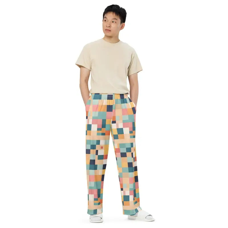 Unisex Wide Leg Lounge Pants - Retro Geometric Pattern - DipaliZ