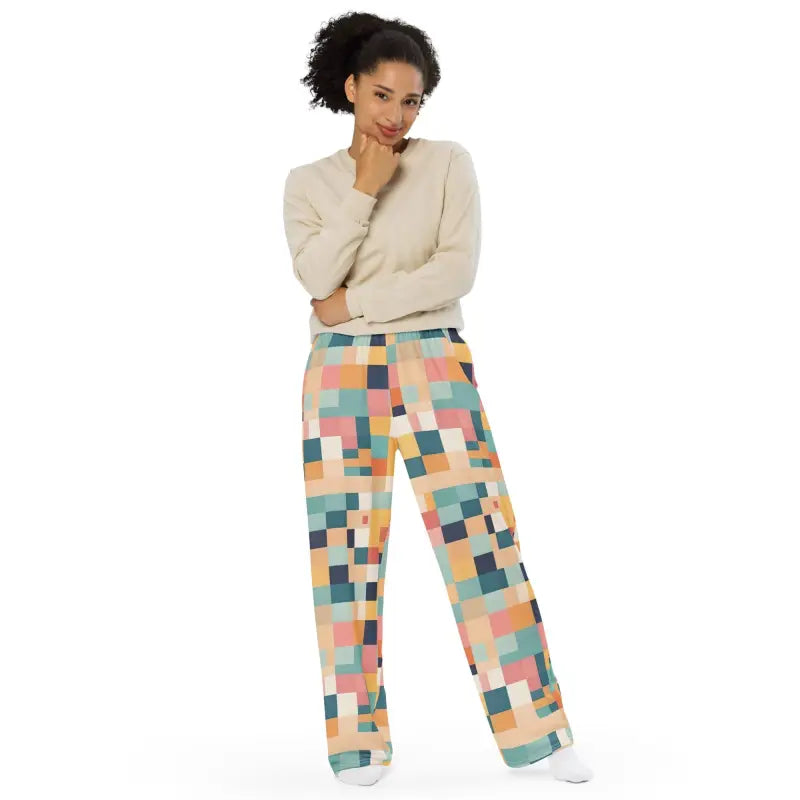 Unisex Wide Leg Lounge Pants - Retro Geometric Pattern - DipaliZ