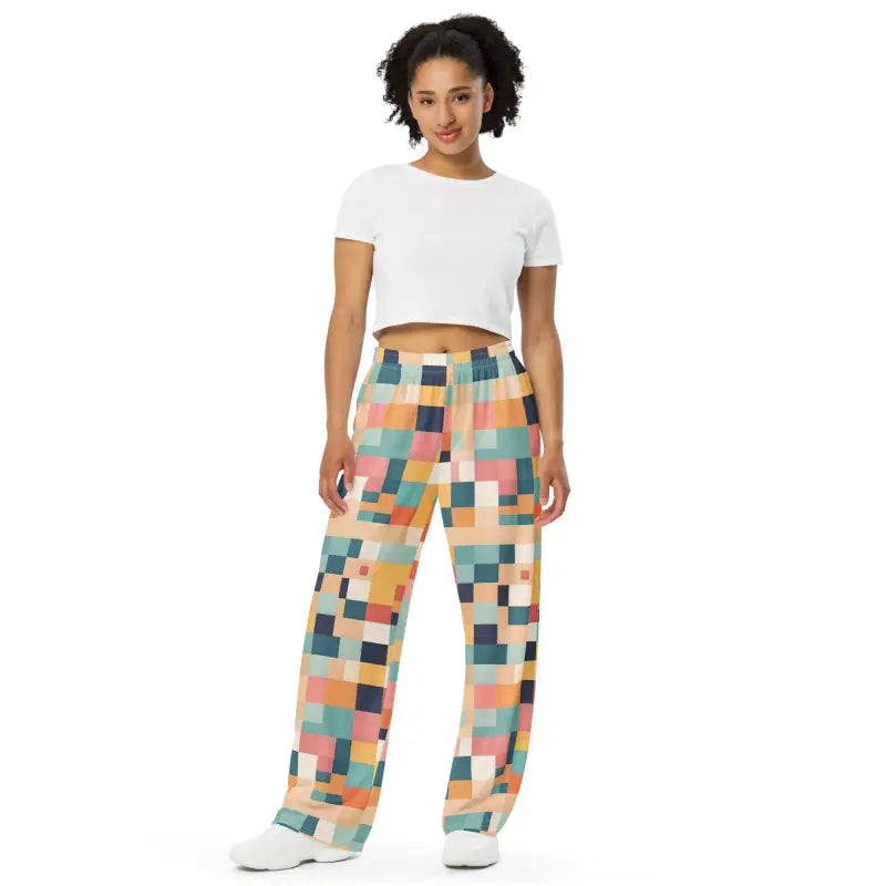Unisex Wide Leg Lounge Pants - Retro Geometric Pattern - DipaliZ