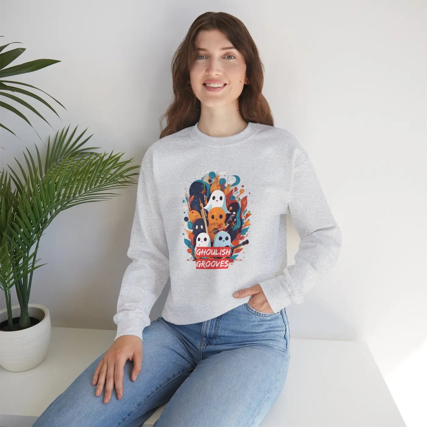 Ghoulish Grooves Crewneck Sweatshirt - Ghosts Playing Guitar - DipaliZ