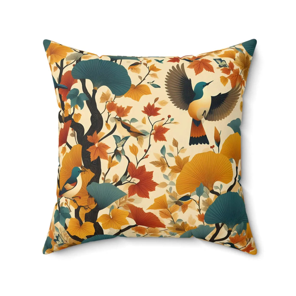 Gingko Leaves and Birds Spun Polyester Square Pillow - DipaliZ