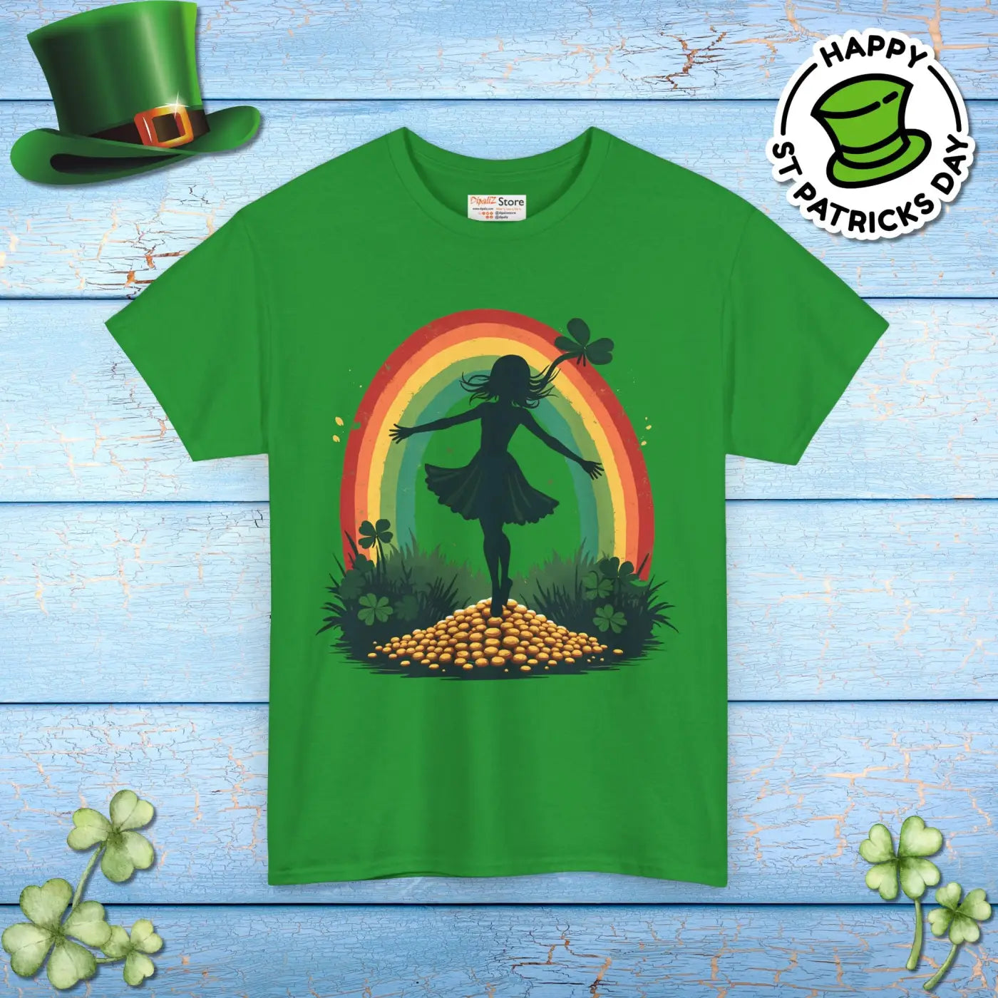 Rainbow Shamrock Heavy Cotton Tee - Irish Magic Style - DipaliZ