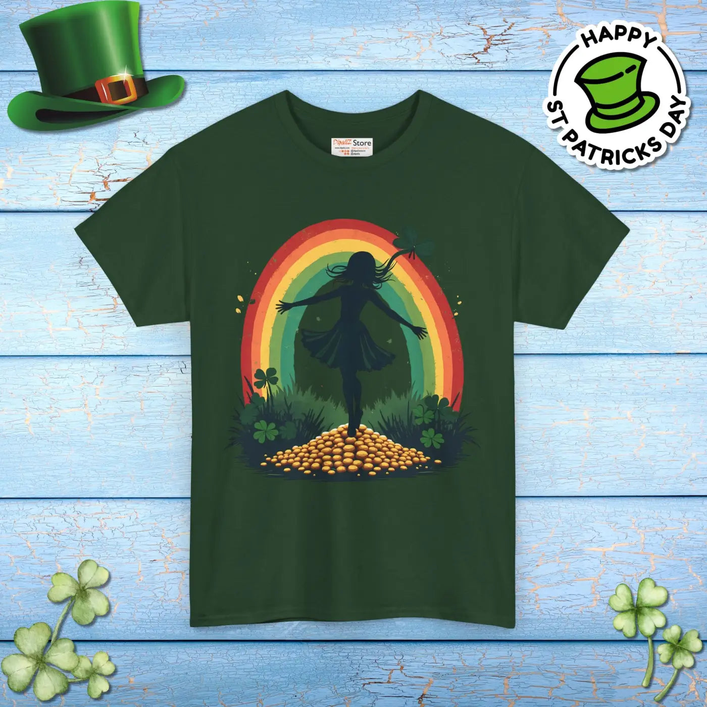 Rainbow Shamrock Heavy Cotton Tee - Irish Magic Style - DipaliZ