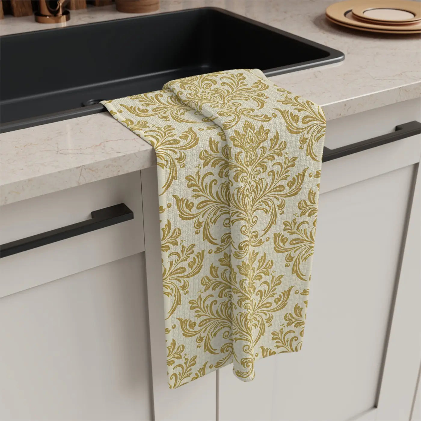 Vintage Glow Microfiber Tea Towel - Gold Damask - DipaliZ